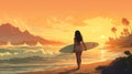 Surfer Girl In Sunset: Realistic Landscape Illustration With Soft Tonal Colors