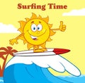 Surfer Sun Cartoon Mascot Character Riding A Wave And Showing Thumb Up Royalty Free Stock Photo