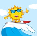 Surfer Sun Cartoon Mascot Character With Sunglasses Riding A Wave And Showing Thumb Up Royalty Free Stock Photo