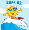 Surfer Sun Cartoon Mascot Character With Sunglasses Riding A Wave And Showing Thumb Up Royalty Free Stock Photo