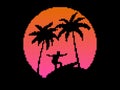 Surfer at sunset with palm trees in pixel art style. Retro sunset with palm trees in 8 bit synthwave style. Pixel design for