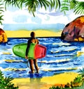 A surfer with the surf board painted in watercolor Royalty Free Stock Photo