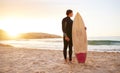 Surfer, surf and man with surfboard at the beach, sea and ocean in sunset or the morning with mockup space. Young, ready