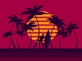 Surfer with a surfboard with palm trees at sunset in 80s style. Black silhouettes of palm trees with curved trunks and a surfer Royalty Free Stock Photo