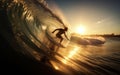 Surfer surfboard ride on the waves in the ocean, extreme sports, outdoor recreation, summer landscape, generative ai