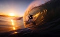 Surfer surfboard ride on the waves in the ocean, extreme sports, outdoor recreation, summer landscape, generative ai