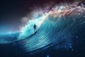 Surfer surfing blue wave. Generate Ai