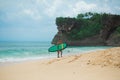 Surfer. Surfing Man With Surfboard Walking On Sandy tropical Beach. Healthy Lifestyle, water activities, Water Sport. Beautiful Royalty Free Stock Photo