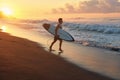 Surfer. Surfing Man With White Surfboard Going To Surf On Ocean Waves. Sandy Beach At Beautiful Sunrise In Bali. Royalty Free Stock Photo