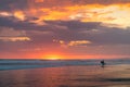 Surfer by teh sandy ebach at sunset Royalty Free Stock Photo