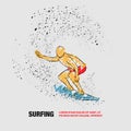 Surfer under the wave. Vector outline of surfing with scribble doodles