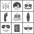 Surfer vector set. Vintage elements and labels