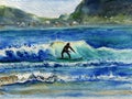 Surfer on the wave in the ocean, watercolor painting Royalty Free Stock Photo