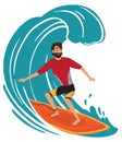 Surfer in wetsuit with surfboard standing and riding Royalty Free Stock Photo