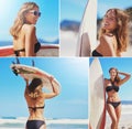 Surfer woman, bikini and beach in montage, portrait and happy in summer, outdoor and vacation by sea. Girl, surfing and Royalty Free Stock Photo