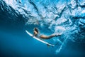 Surfer woman dive underwater. Surfgirl dive under wave Royalty Free Stock Photo