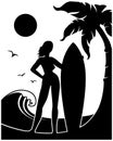 Surfer woman and sea waves on tropical island black silhouette. Vector printable summer beach island with beautiful sexy woman Royalty Free Stock Photo