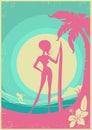 Surfer woman and sea waves. Vector poster background