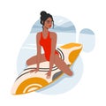 Surfer woman is sitting on surfboard in ocean wave. Girl in red swimwear chilling on surf in sea. Flat or catroon isolated trendy Royalty Free Stock Photo