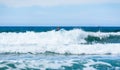 Surfer woman with surfboard is paddling on the wave Royalty Free Stock Photo