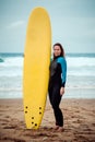 Surfer woman wearing wetsuit standing on the beach with a surfboard Royalty Free Stock Photo