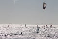 Surfers on the background of the ocean, kite-surfing, wind surfing, sails, Tenerife, Canaru Islands, Spain