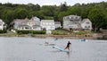 Surfers in the bay, Waterfront houses on the Mount Pisgah side, Boothbay Harbor, ME, USA