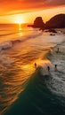 Surfers Conquering Majestic Waves at Sunset