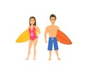 Surfers couple, man and woman standing with surfboards isolated