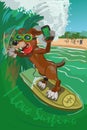 Dog surfer with a mobile phone on the ocean wave