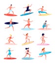 Surfers. Funny people, female surfer standing on surfboard. Happy guy in beachwear. Active surfing boy and girl, beach