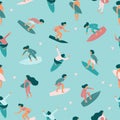 Surfers Girls And Boys With Surfboards Seamless Pattern, Wave Riders And Summer Outdoors Activities Background. Beach Sport, Miami