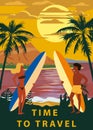 Surfers man and woman couple on the beach, sunset, coast, palm trees. Get ready to surf. Resort, tropics, sea, ocean