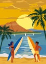 Surfers man and woman couple on the beach, sunset, coast, palm trees. Get ready to surf. Resort, tropics, sea, ocean