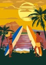 Surfers man and woman couple on the beach, sunset, coast, palm trees. Get ready to surf. Resort, tropics, sea, ocean