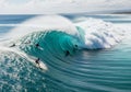 Surfers navigate a massive, curling turquoise wave in a vibrant ocean setting. Clad in Royalty Free Stock Photo