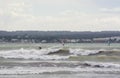 Surfers ride big waves in the bay