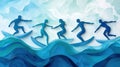 Surfers ride stylized waves in a vibrant abstract artwork, AI Royalty Free Stock Photo