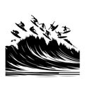 Surfers riding a giant wave with fire elements surfing Royalty Free Stock Photo