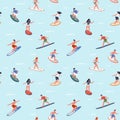 Surfers seamless pattern. Happy people surf waves on boards trendy print, extreme marine hobby, cartoon athletes catch
