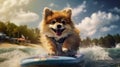 Surfing Adventure Awaits Close-Up of a Funny Pomeranian Dog - Generative AI