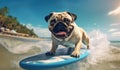 Surfing Adventure Close-Up Illustration of a Smiling Pug Dog - Generative AI