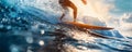 Surfing Adventure: Men Riding Waves with Sunlit Splashes. Concept of sport, travel, extreme, people, vacation, beach.