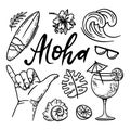 SURFING ALOHA Sea Travel Hand Drawn Vector Illustration Set