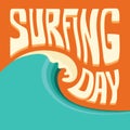 Surfing background with big ocean wave and text