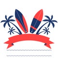 Surfing banner with palm trees and surfoards