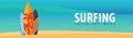 Surfing banner and poster. Surfboards on a beach. Surf and summer design.