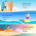 Surfing banners illustrations. Surfers people Vector design templates