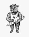 Surfing bear. Surfoboarder with a beach summer jersey and shorts. Fashion character. Victorian gentleman. Vintage look