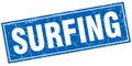 Surfing blue square grunge stamp